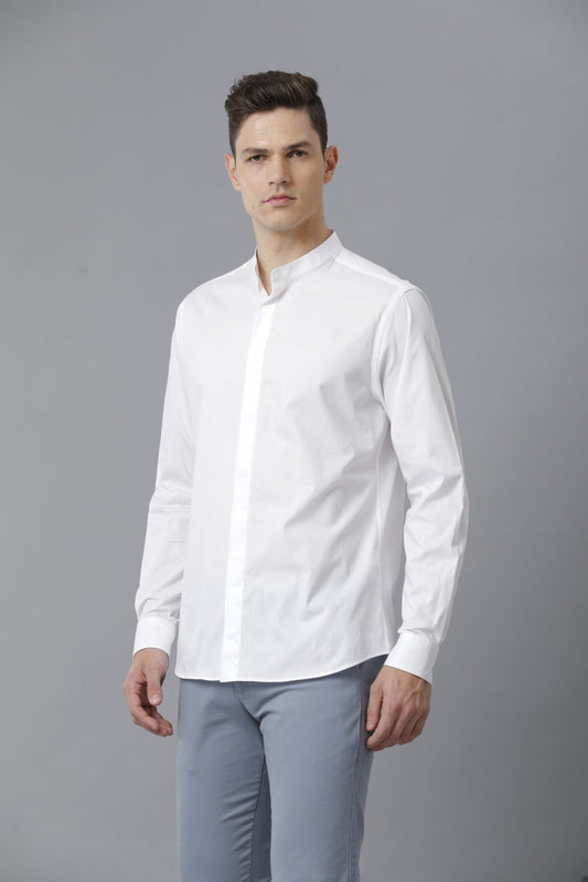 Formal Solid Mandarin Collar White Shirt