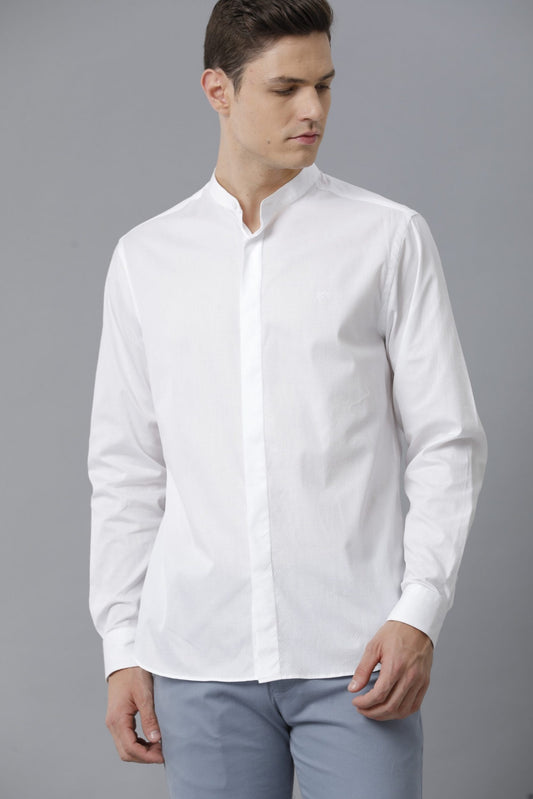 Formal Solid Mandarin Collar White Shirt