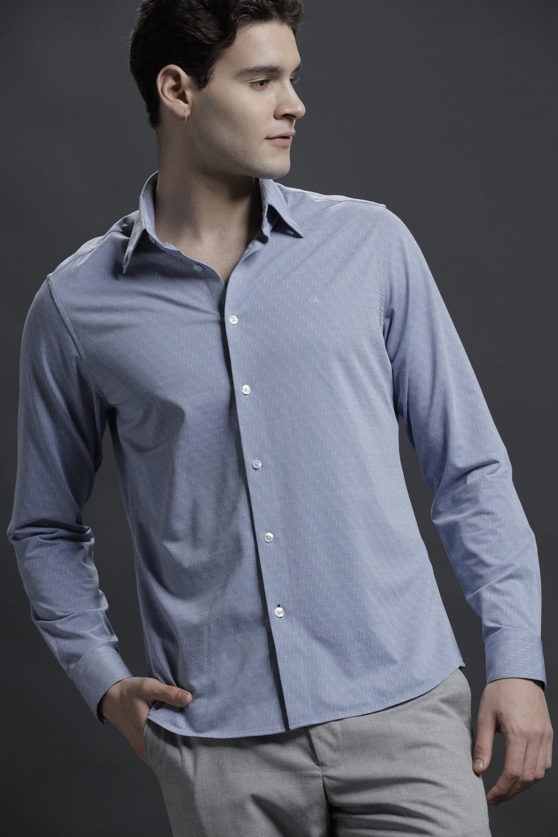 Textured Blue Casual Cotton Blend Shirt