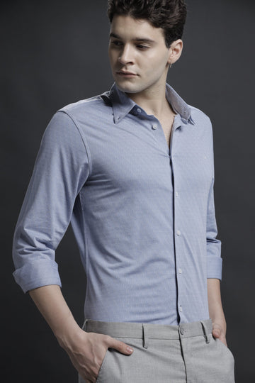 Textured Blue Casual Cotton Blend Shirt