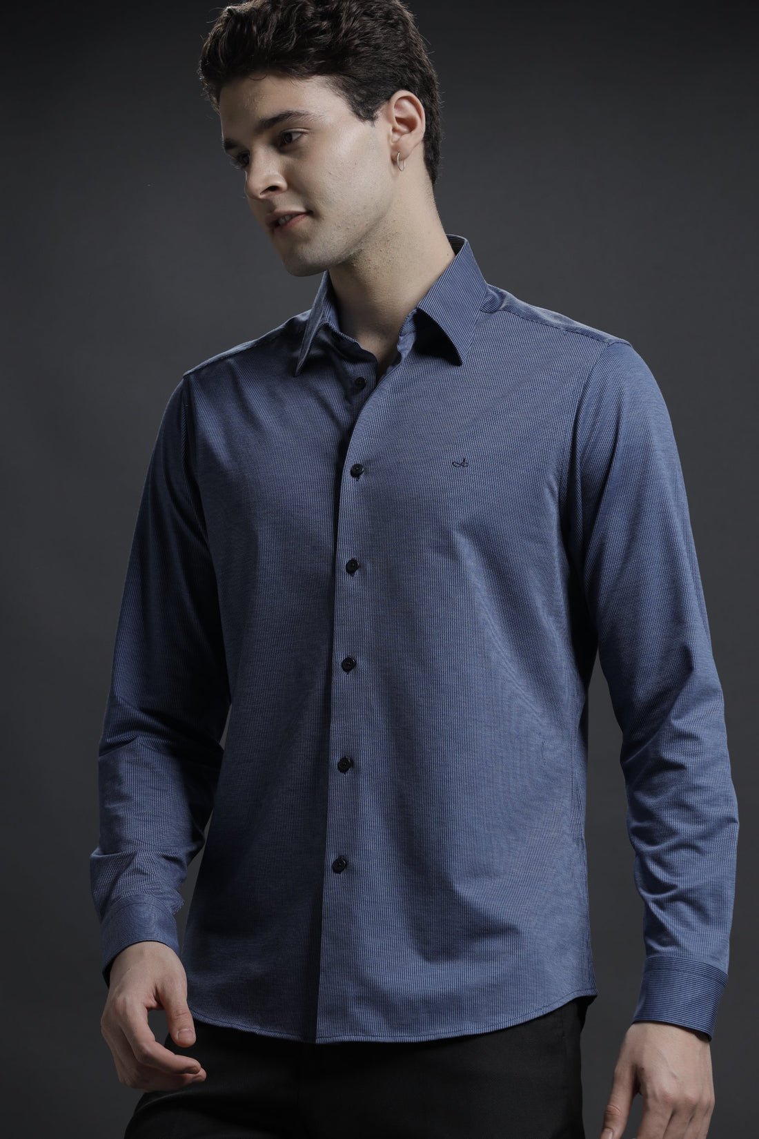 Vertical Fine Striped Navy Blue Cotton Stretch Shirt