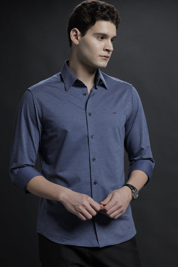 Vertical Fine Striped Navy Blue Cotton Stretch Shirt