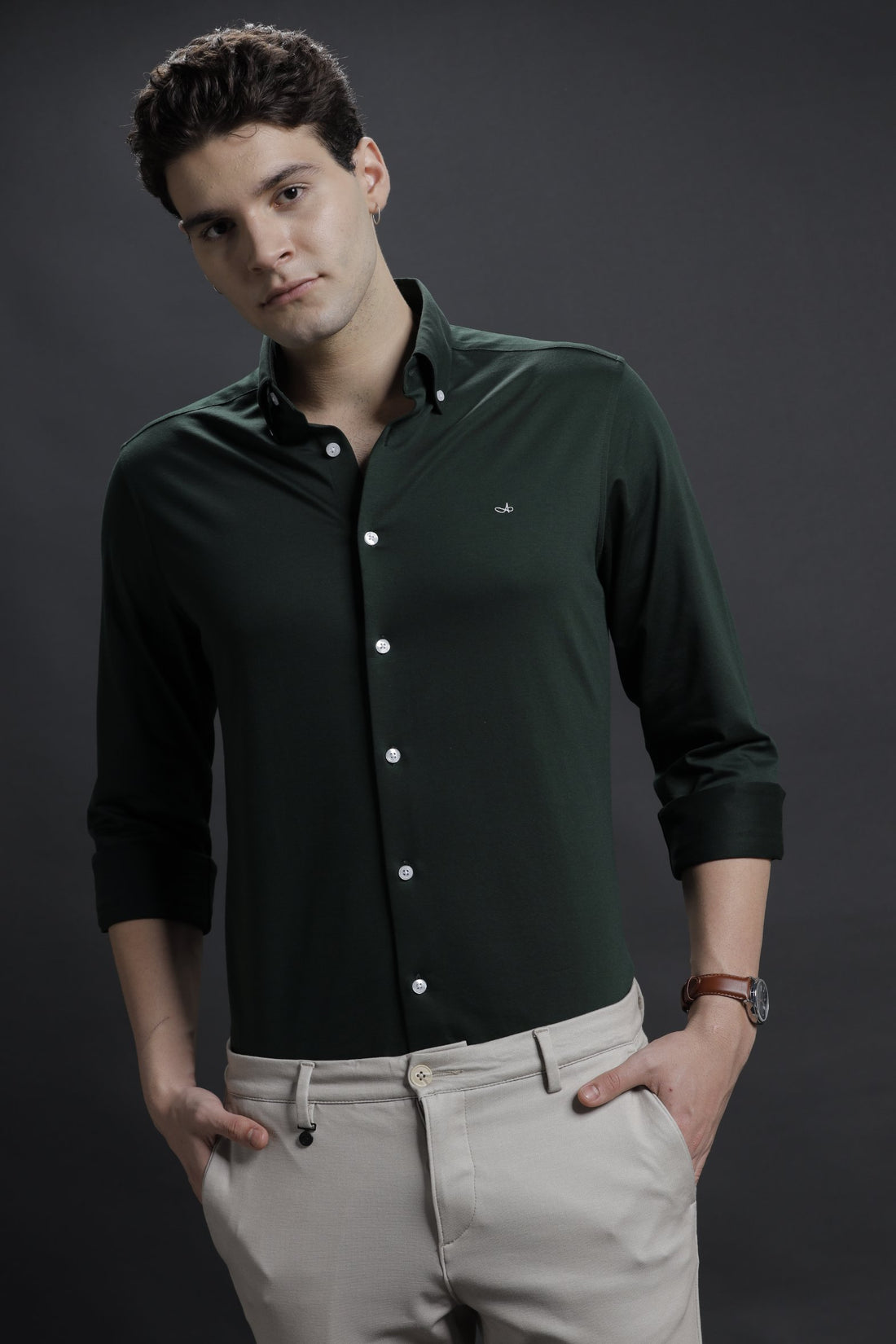 Plain Green Casual Cotton Shirt