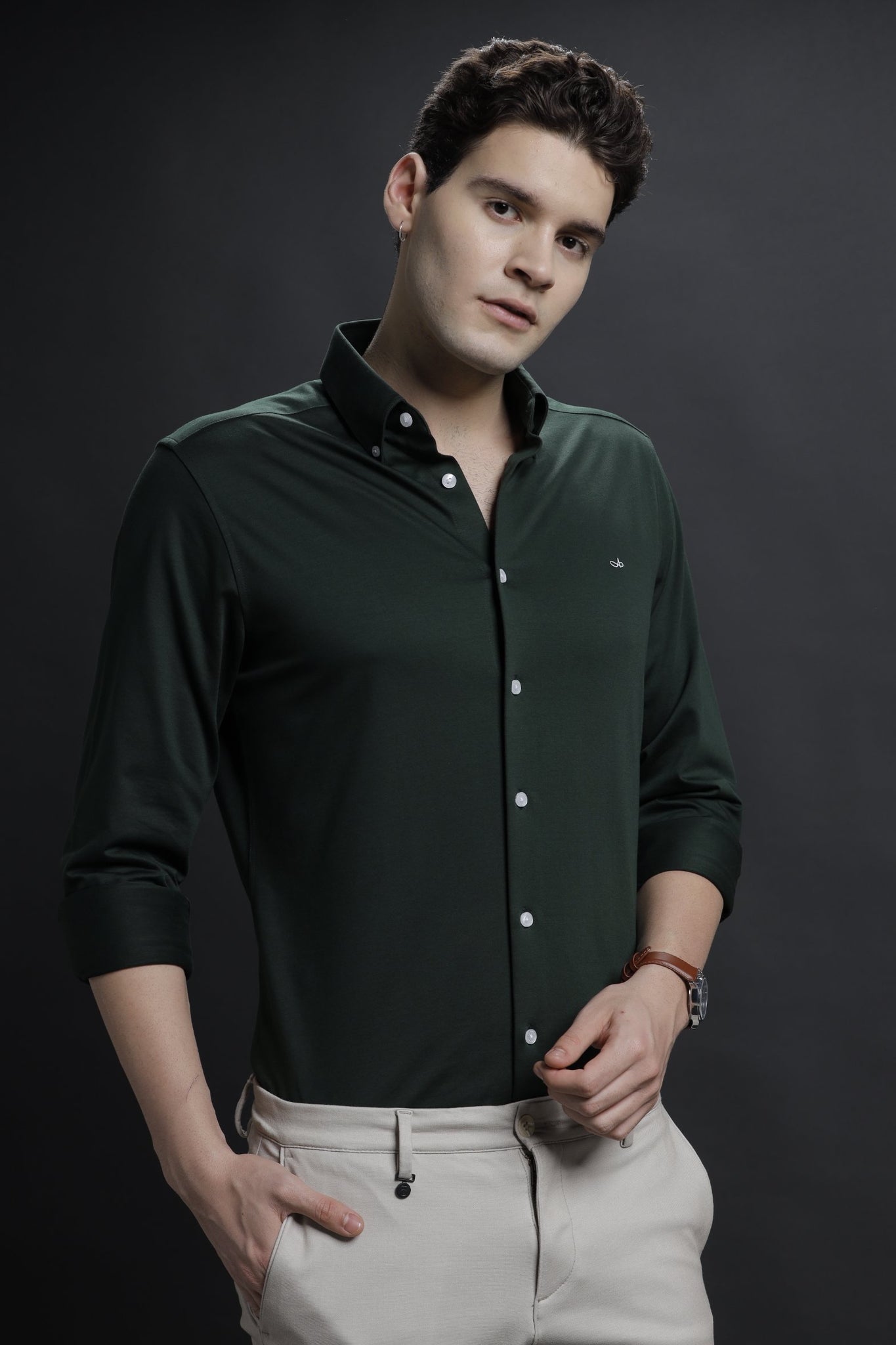 Plain Green Casual Cotton Shirt
