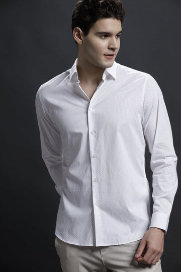 Polka Print White Casual Cotton Lycra Shirt
