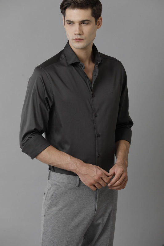 Solid Formal Satin Stretch Cotton Grey Shirt