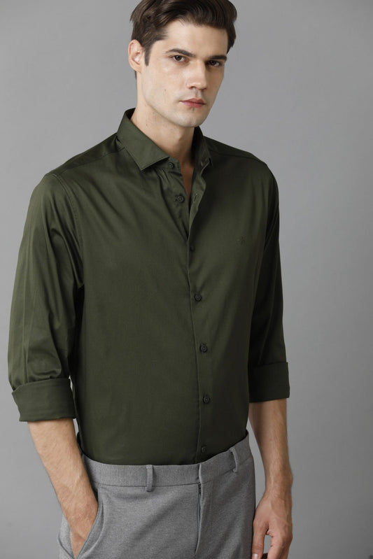 Solid Formal Satin Stretch Cotton Olive Green Shirt
