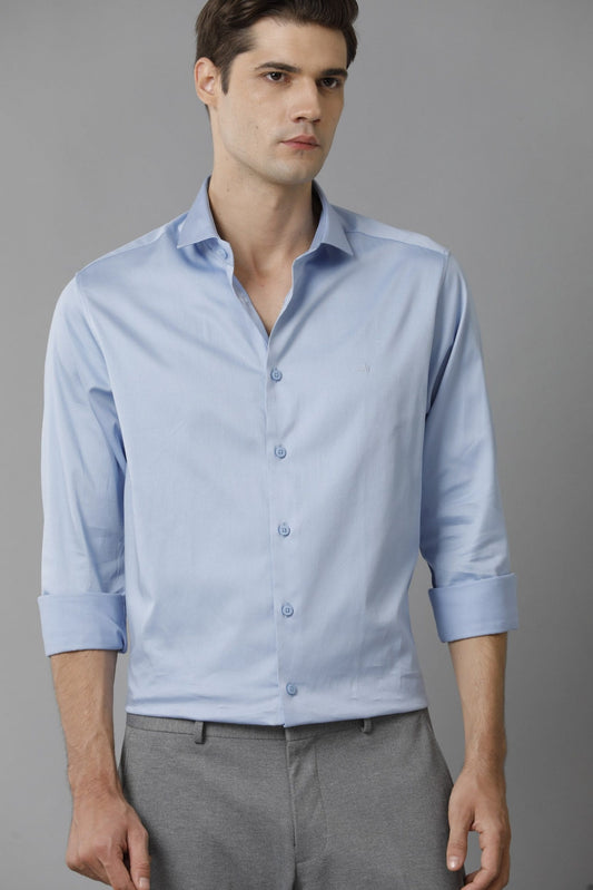 Solid Formal Satin Stretch Cotton Blue Shirt