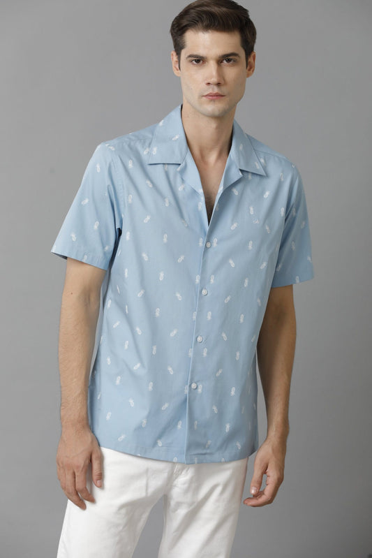 Abstract Print Cuban Collar Mild Blue Cotton Shirt