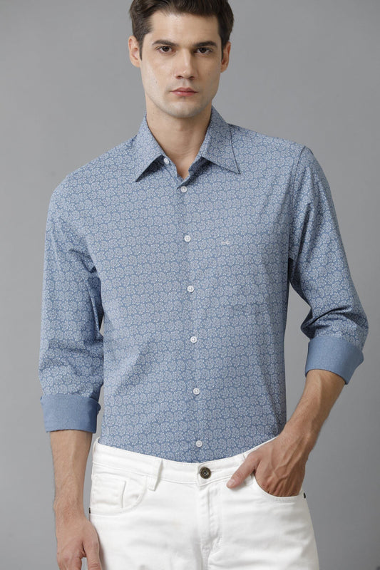 Casual Print Long Sleeve Steel Blue Shirt