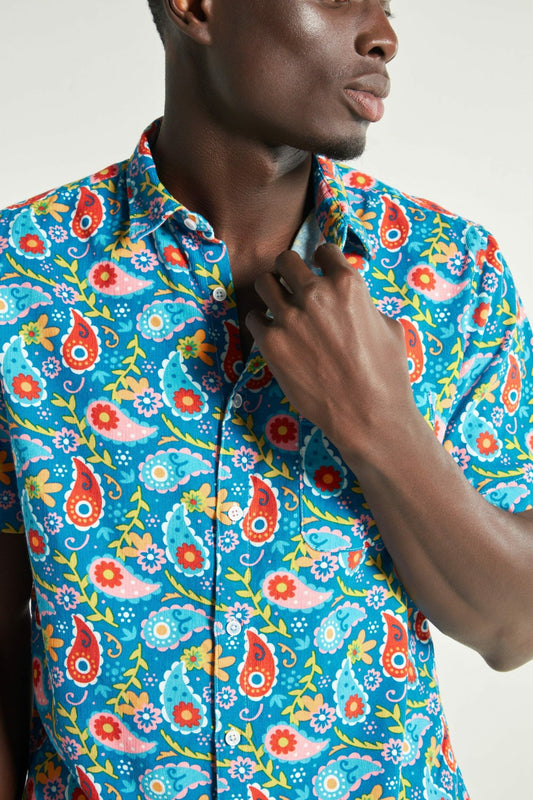 Blue Paisley Print Short Sleeve Shirt