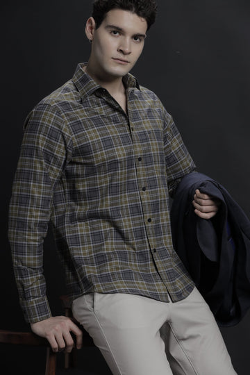 Checked Navy/Green Casual Cotton Shirt