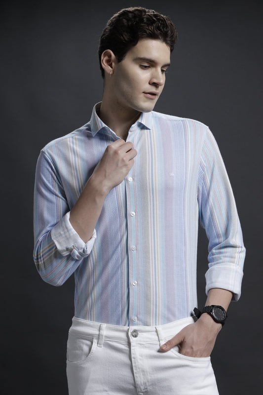 Striped Blue Knitted Cotton Casual Shirt