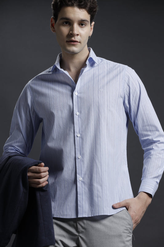 Vertical Stripes Blue/White Formal Cotton Stretch Shirt