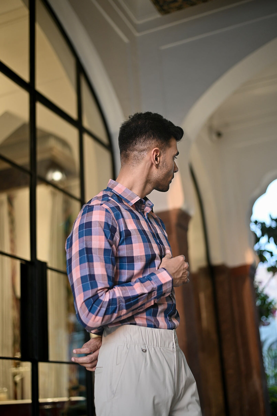 Peach Blue Checked Shirt