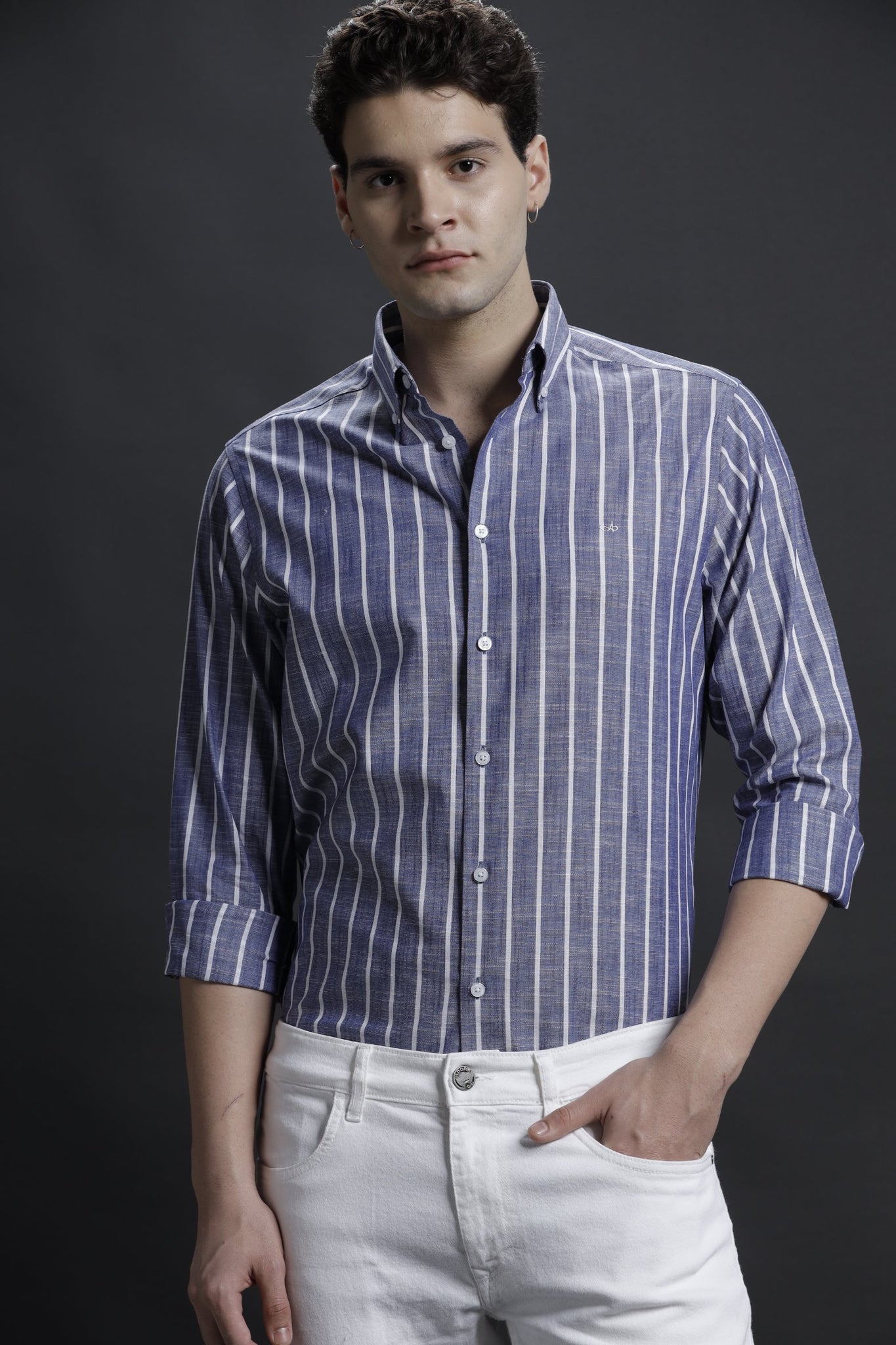 Vertical Striped Blue/White Casual Cotton Shirt