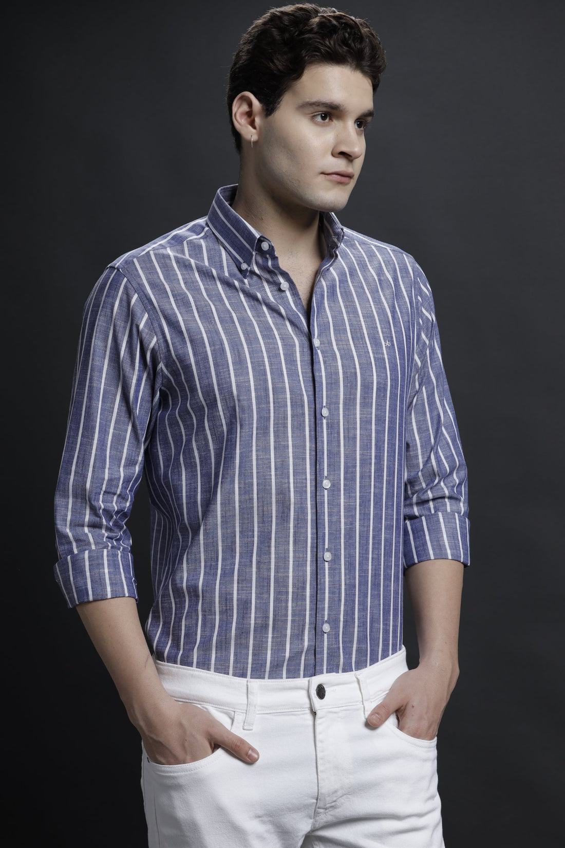 Vertical Striped Blue/White Casual Cotton Shirt