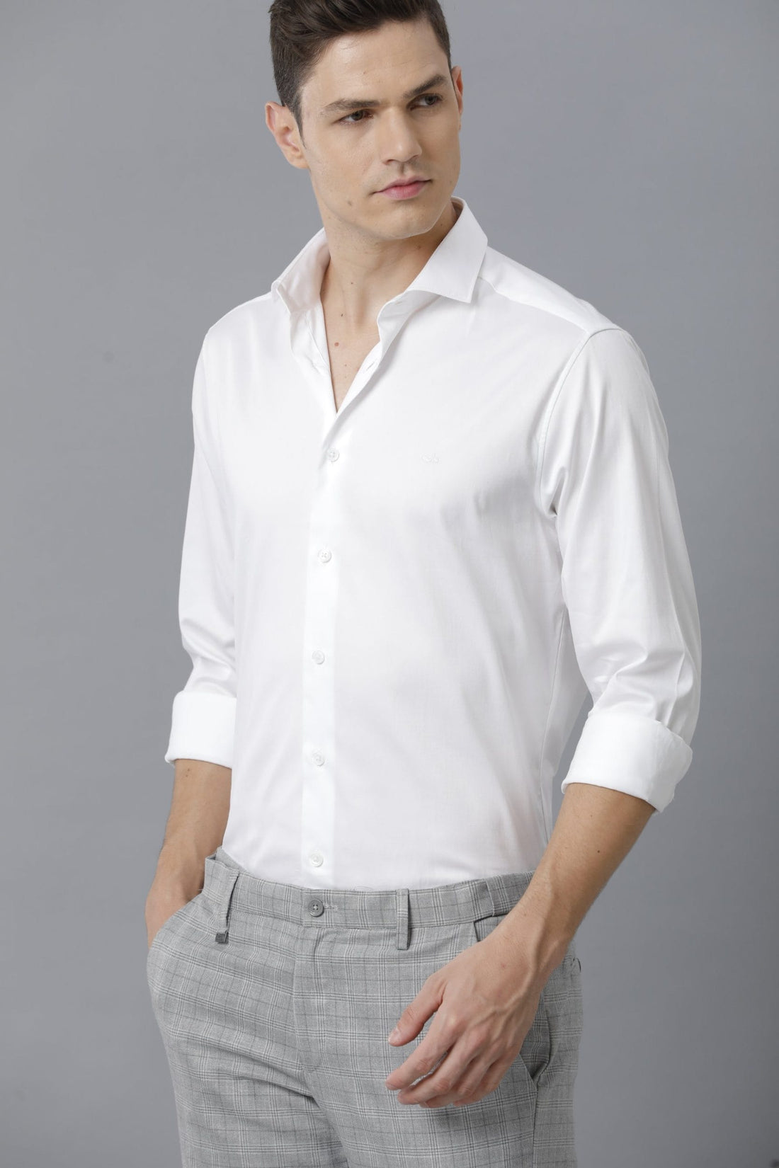 Solid Linen Formal Spread Collar White Shirt