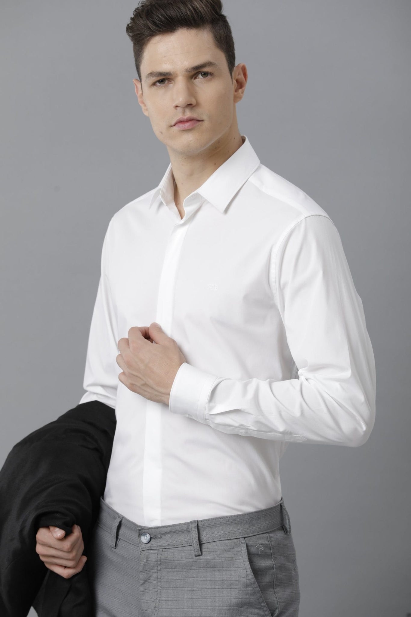 Solid Linen Formal Spread Collar White Shirt