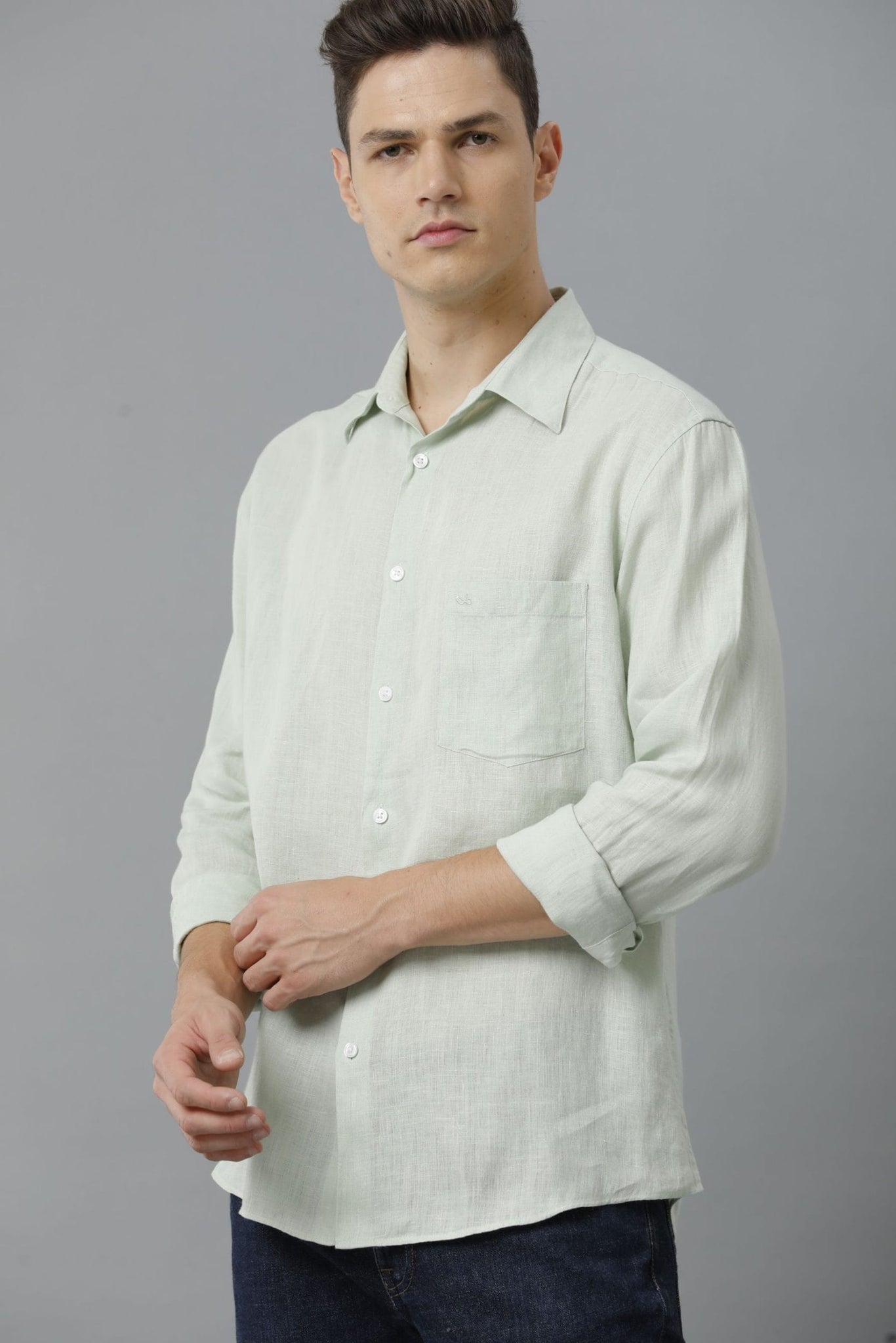 Casual Linen Spread Collar Pale Green Shirt
