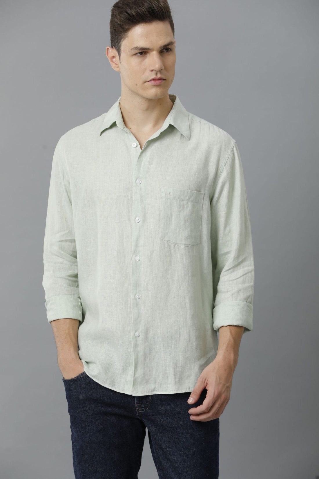 Casual Linen Spread Collar Pale Green Shirt