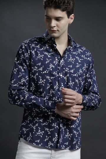 Navy Floral Casual Cotton Shirt