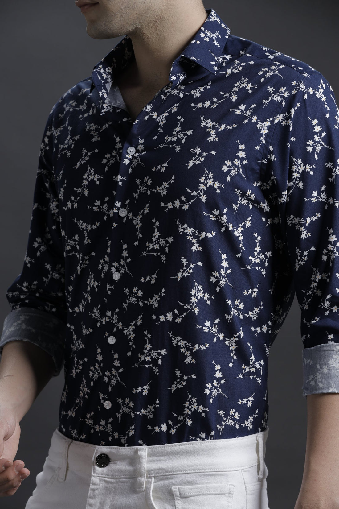 Navy Floral Casual Cotton Shirt