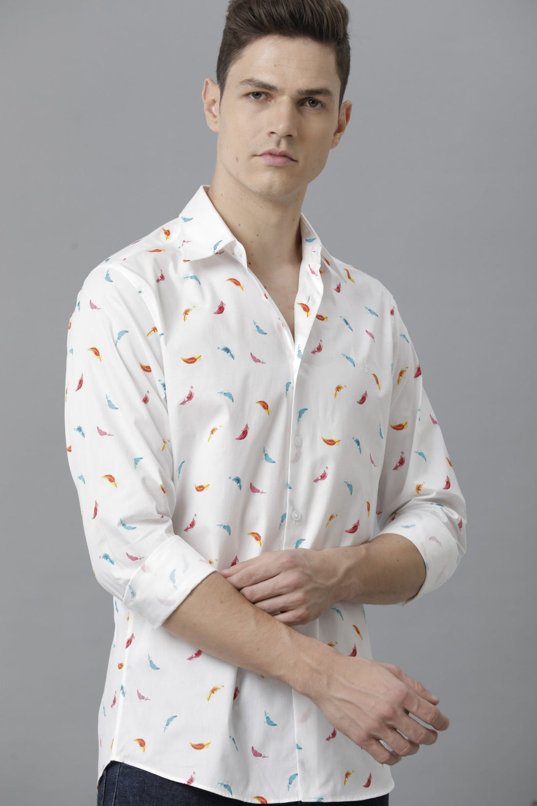 Abstract Print Full Sleeve White Cotton Shirt