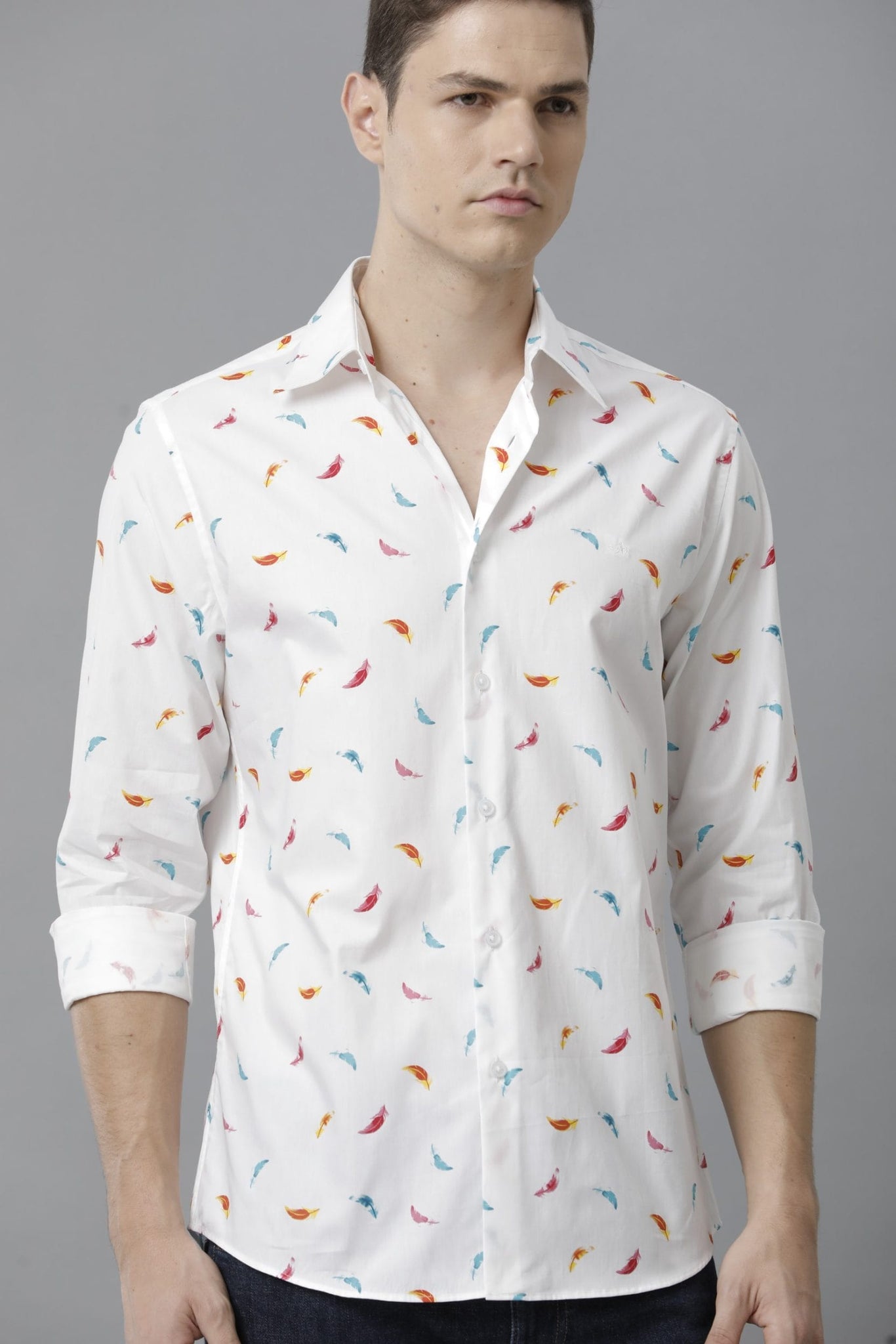Abstract Print Full Sleeve White Cotton Shirt