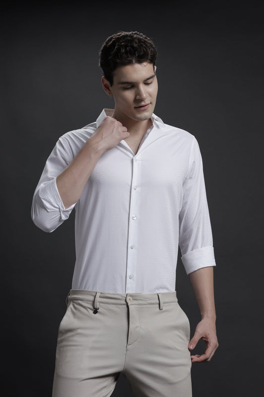Formal White Solid Textured Cotton Shirt