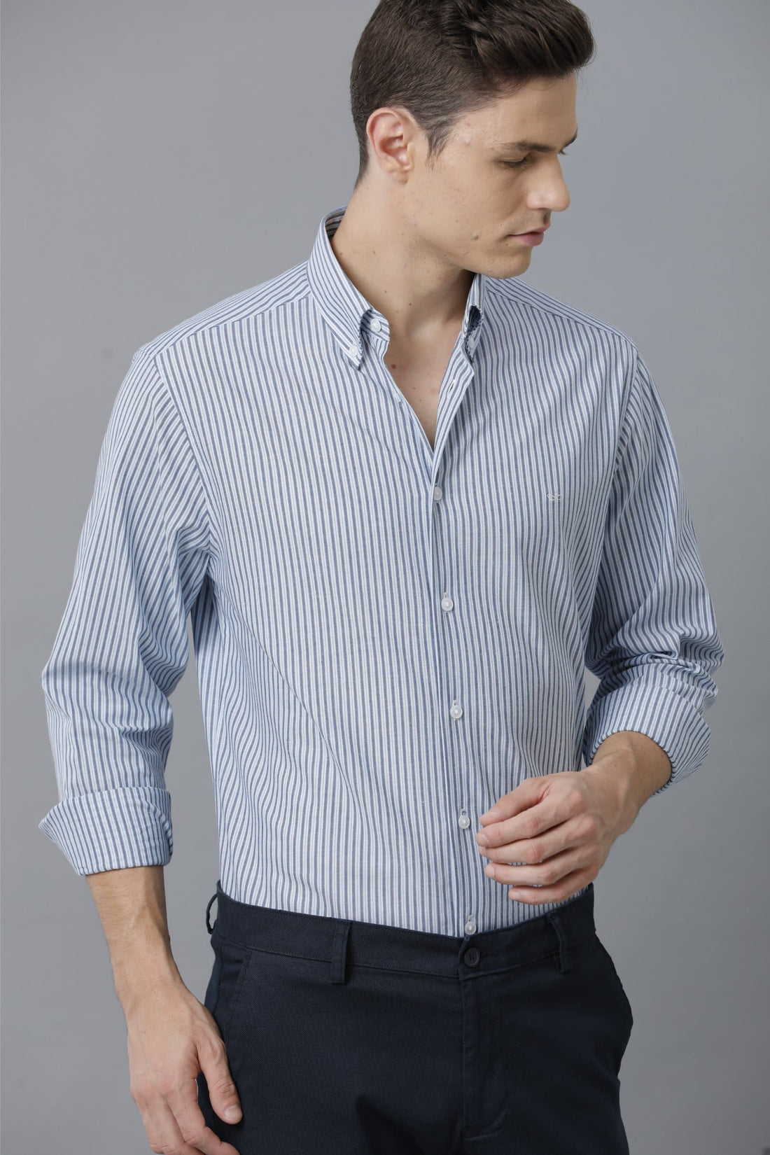 Semi Formal Vertical Striped Stretch Powder Blue Shirt