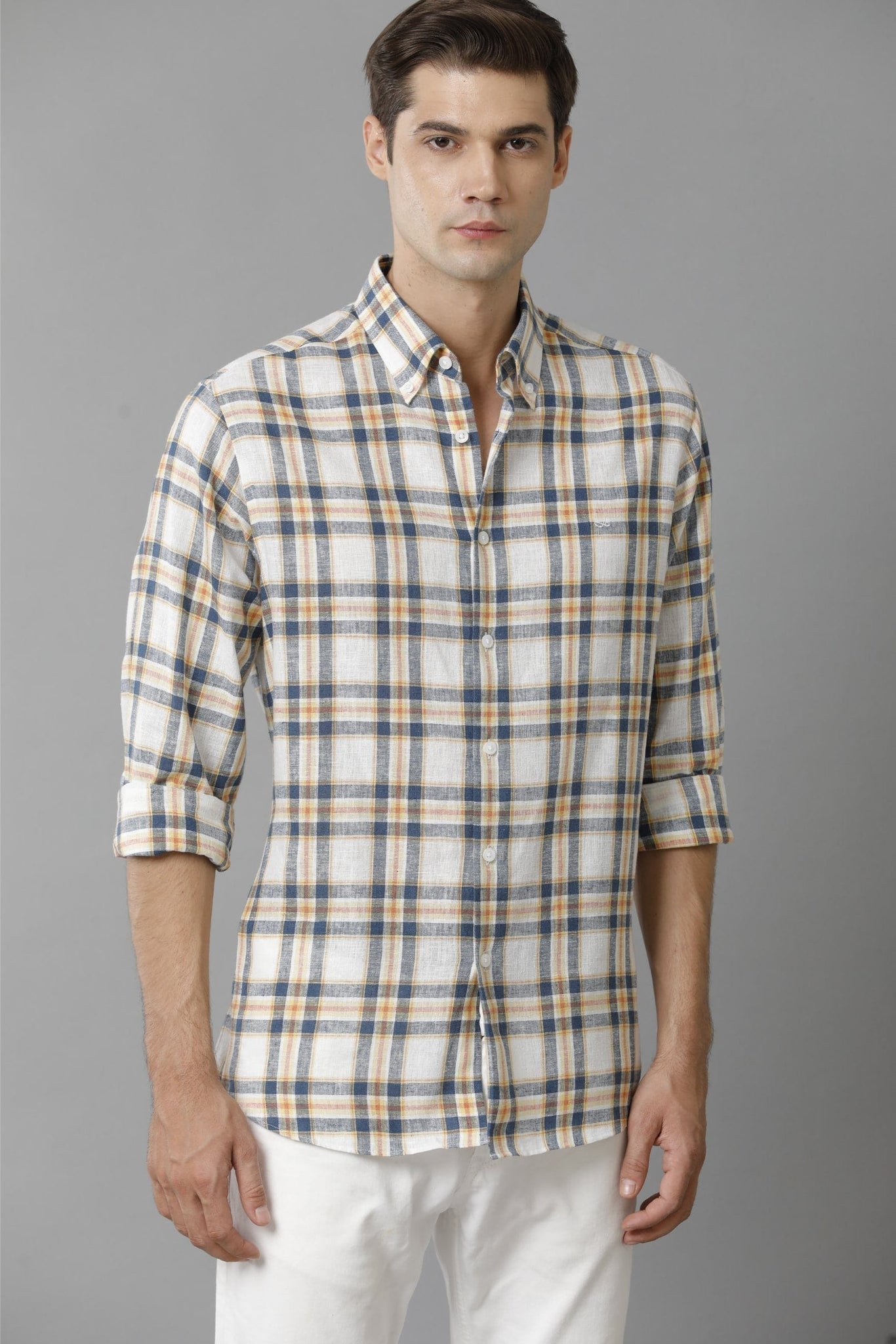 Checked Cotton Casual Beige Shirt