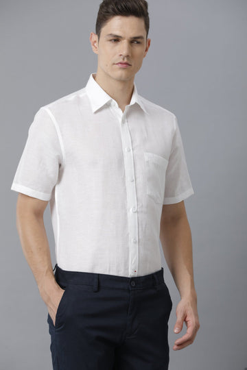Solid Linen Casual White Short Sleeve Shirt