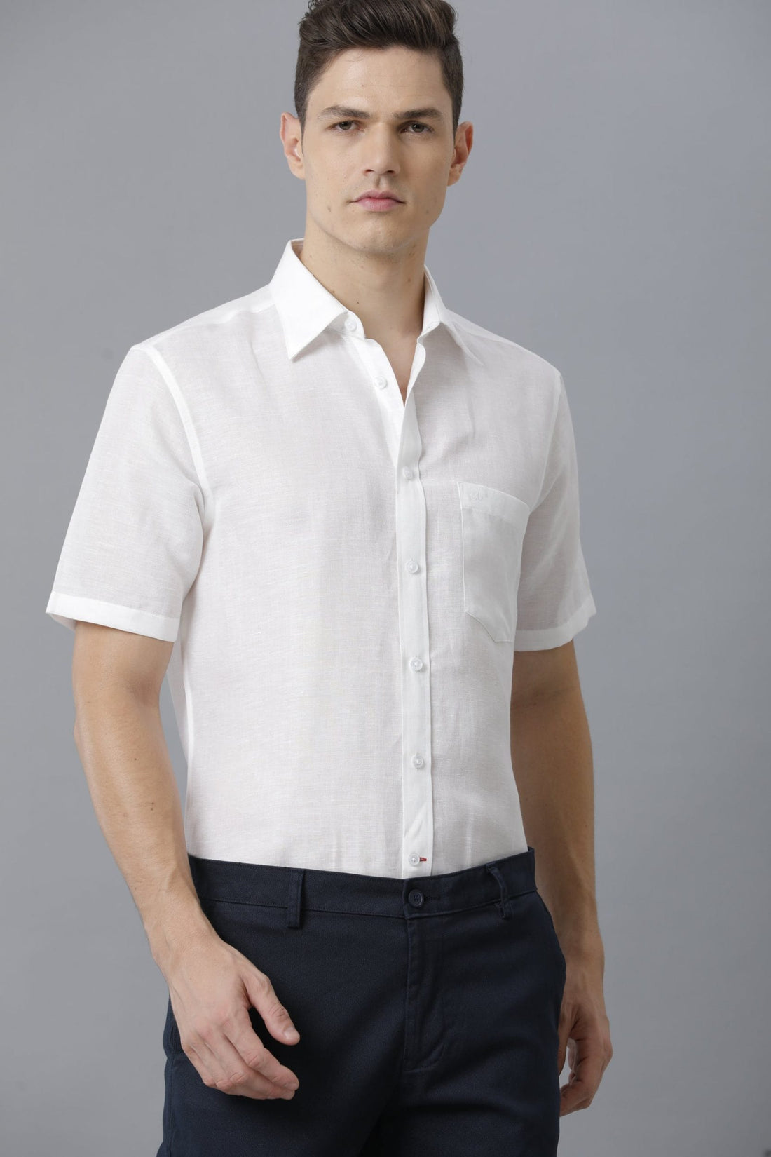 Solid Linen Casual White Short Sleeve Shirt