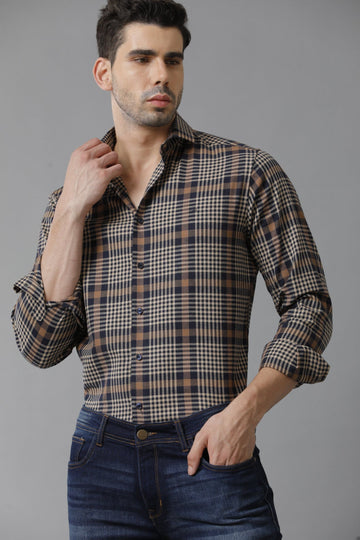 Checked Stretch Casual Navy Beige Shirt