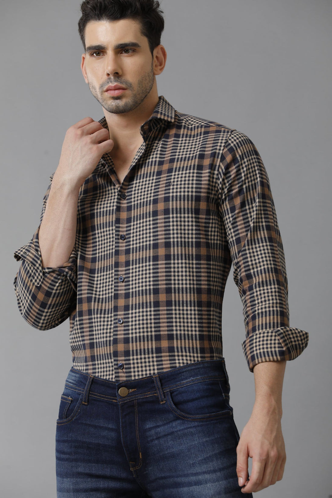Checked Stretch Casual Navy Beige Shirt